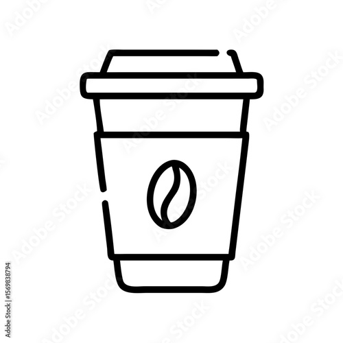 Outline icon of takeaway coffee cup with bean symbol on sleeve, minimalist black and white disposable drink cup illustration 
