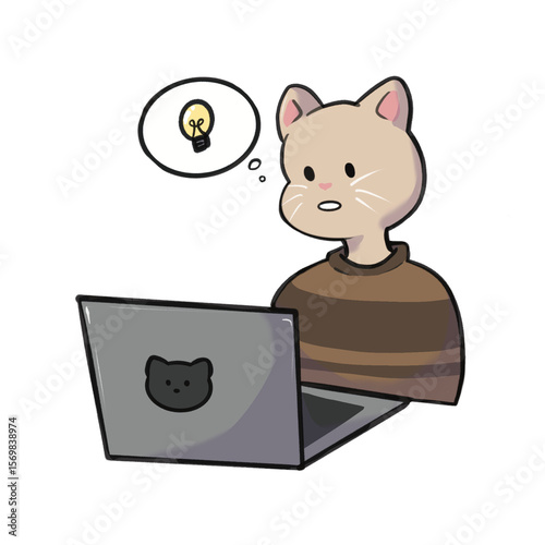 Cartoon Cat Character on Laptop