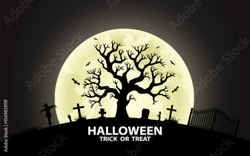 Flat design hand drawn spooky halloween graveyard and pumpkin silhouette background. Vector illustration.
