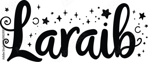 Sparkling Whimsy — Silhouette Typography of "Laraib" Surrounded by Stars, Dots, and Decorative Swirls