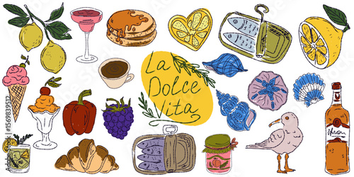 A whimsical set of hand-drawn sketches with splashes of color, Dolce Vita is inspired by the Mediterranean lifestyle. Includes food, drinks, flowers, summer decor and travel items.
