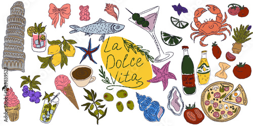 A whimsical set of hand-drawn sketches with splashes of color, Dolce Vita is inspired by the Mediterranean lifestyle. Includes food, drinks, flowers, summer decor and travel items.