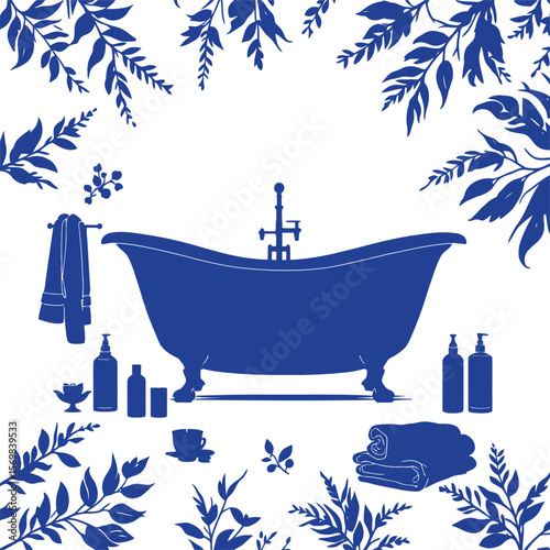 Blue Botanical Bath — Silhouette Illustration of Vintage Clawfoot Tub with Accessories Framed by Leafy Motif