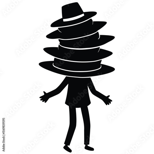 Whimsical Silhouette of a Person Balancing Multiple Hats A Playful And Mysterious Character with Stacked Headwear In Black And White