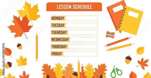 Fall lesson schedule template for teachers and students with autumn leaves and school supplies vector art
