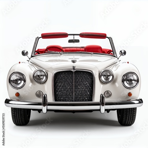 Elegant white classic convertible car with red interior front view on white background