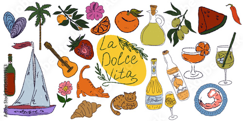 A whimsical set of hand-drawn sketches with splashes of color, Dolce Vita is inspired by the Mediterranean lifestyle. Includes food, drinks, flowers, summer decor and travel items.