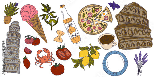 A whimsical set of hand-drawn sketches with splashes of color, Dolce Vita is inspired by the Mediterranean lifestyle. Includes food, drinks, flowers, summer decor and travel items.