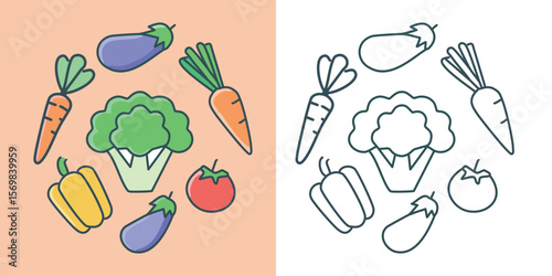 Set of Fruits and Vegetables Colorful Minimal and Outline Icons for Healthy Food Design