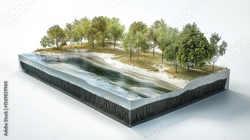Technical schematic of a high-tech flood protection system in a natural river delta showing retractable barriers, sediment flow zones, and mangrove buffer layers in the context of reforestation