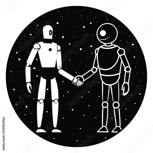 Robotic Harmony A Black and White Illustration of Two Robots Shaking Hands in a Starry Night Themed Circle