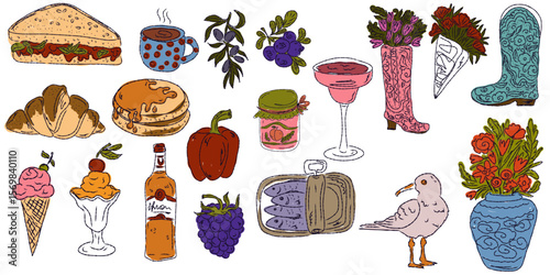 A whimsical set of hand-drawn sketches with splashes of color, Dolce Vita is inspired by the Mediterranean lifestyle. Includes food, drinks, flowers, summer decor and travel items.