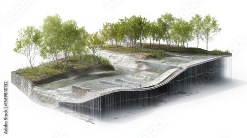 Technical schematic of a high-tech flood protection system in a natural river delta showing retractable barriers, sediment flow zones, and mangrove buffer layers in the context of reforestation