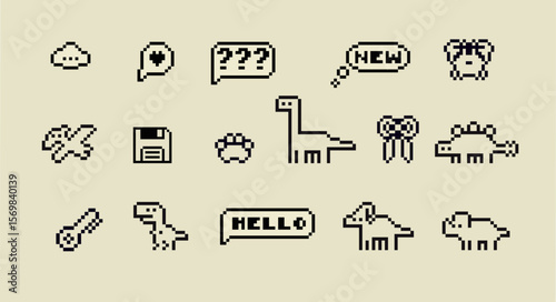 Pixels Y2k funny playful cute dinosaurs, frames, icon stickers 8-bit retro style vector illustration for social media. Set of pixel art. Emoji pixelated icons.