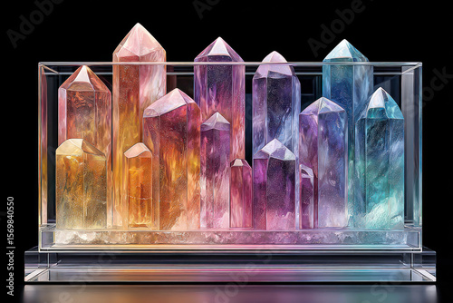 A vibrant array of crystals showcases their beauty, elegantly arranged in a glass display case