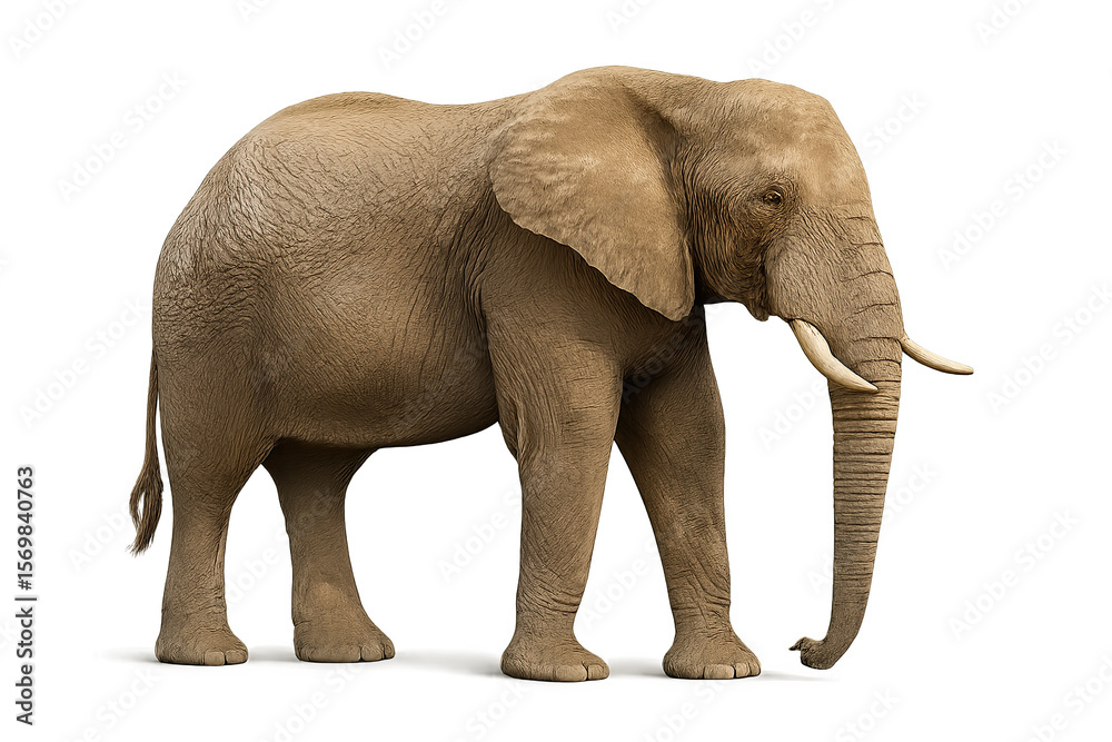 Obraz premium Realistic depiction of a majestic elephant standing gracefully against a plain background, showcasing its unique features and textures PNG die-cut for advertising