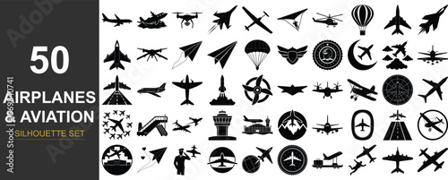 50 Airplanes & Aviation Silhouette Set, Multiple aircraft flying