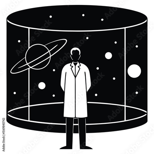 A Silhouette of a Scientist Staring at a Planetarium with Stars and Planets Floating in a Large Cylindrical Display