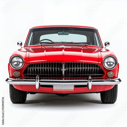 Frontal view of a vibrant red classic car showcasing automotive design on white background