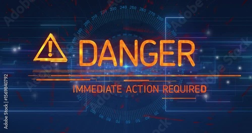 On startup pulsing lines warning triangle sliding DANGER text morphing to IMMEDIATE ACTION REQUIRED