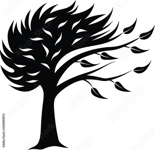 Tree bending in strong wind vector silhouette  