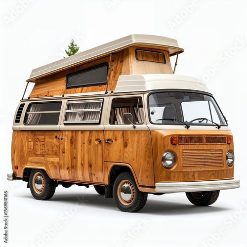Rustic wood crafted campervan, embracing natural textures and travel possibilities on white background