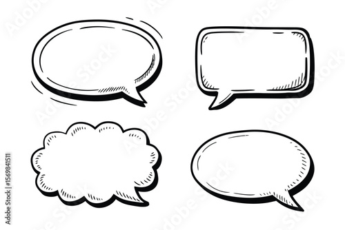 Speech Bubble Collection – Hand-Drawn Oval, Rectangle, Cloud Designs with Shadow – Monochrome Comic Style Set on White – Consistent Line Work – 2x2 Grid

