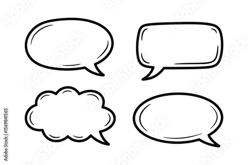 Monochrome Hand-Drawn Speech Bubbles – Oval, Rectangle, Cloud Shapes with Shadows, Comic Style Set, Consistent Line Work, 2x2 Grid on White Background.

