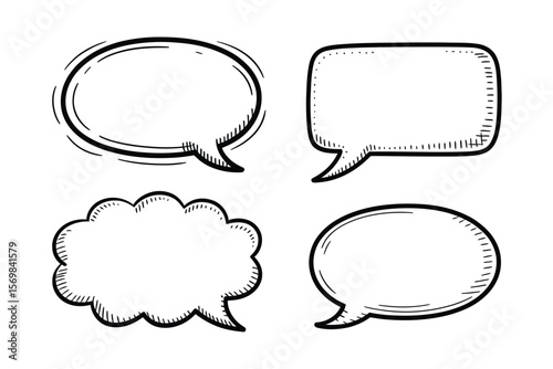 Speech Bubble Collection – Hand-Drawn Oval, Rectangle, Cloud Designs with Shadow – Monochrome Comic Style Set on White – Consistent Line Work – 2x2 Grid

