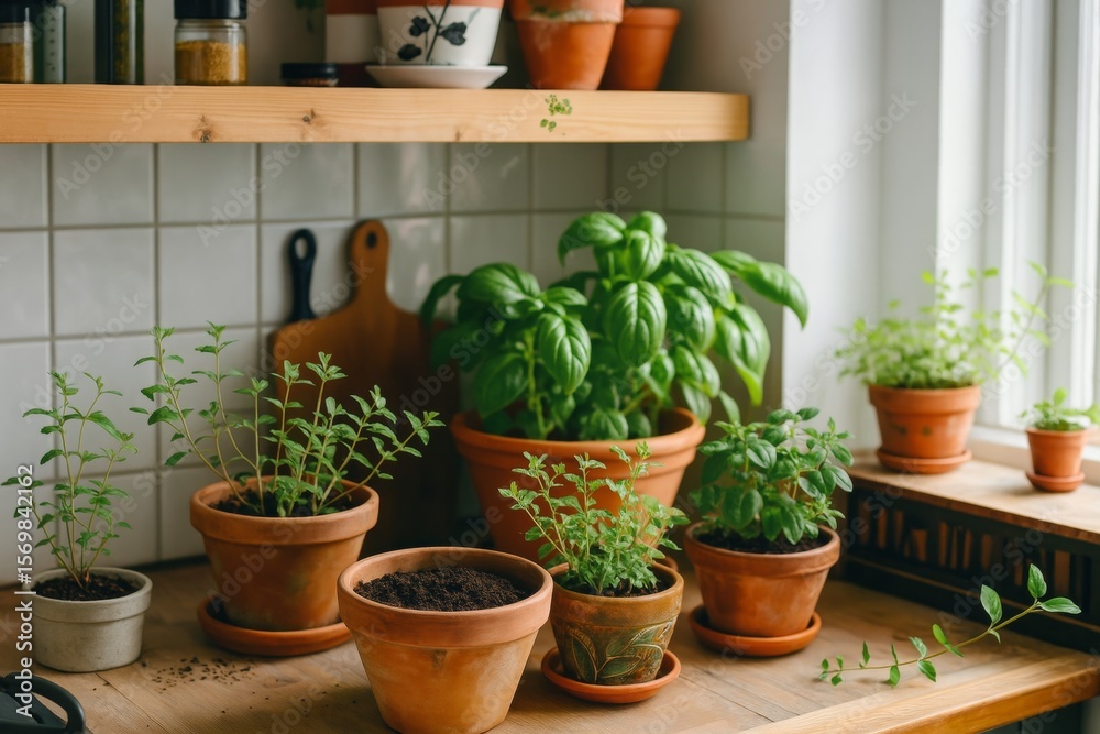 Fototapeta premium Fresh herbs, including basil and oregano, thrive in terracotta pots on a kitchen countertop, adding a touch of nature to the culinary space and promising flavorful meals