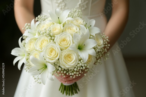 Elegant bride in a white dress holding a stunning bouquet of white roses and lilies, adorned with delicate baby's breath, symbolizing purity and love on her wedding day