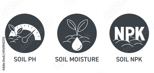 Soil quality sensors icons - Soil pH, moisture, NPK proportions. circle shape