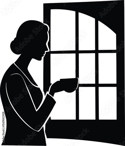 Woman sipping tea near window silhouette vector silhouette  