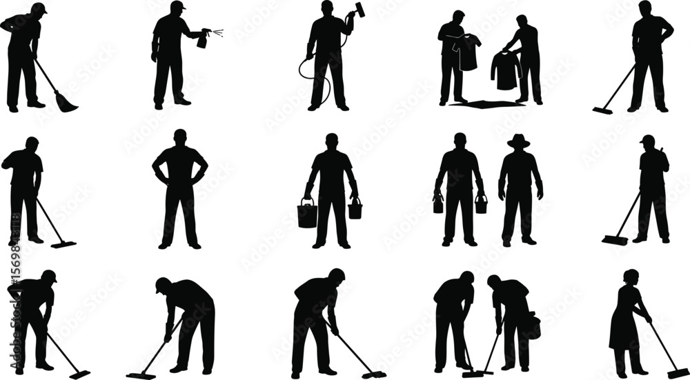 Obraz premium Silhouettes of cleaning workers using tools and equipment, janitor and maid icons set, professional maintenance staff figures for hygiene, service, work, vector design