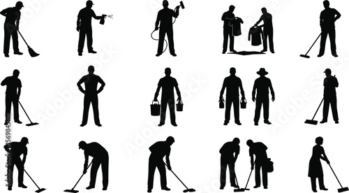 Silhouettes of cleaning workers using tools and equipment, janitor and maid icons set, professional maintenance staff figures for hygiene, service, work, vector design