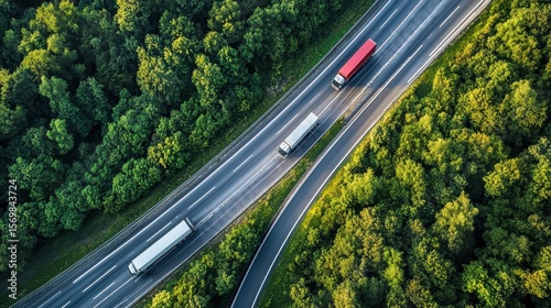 Aerial view of a highway with electric freight trucks powered by renewable energy, illustrating sustainable logistics infrastructure and clean transportation systems.