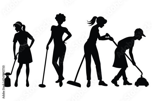 Fashionable vector silhouettes of women and girls walking with shopping bags, embodying beauty and style