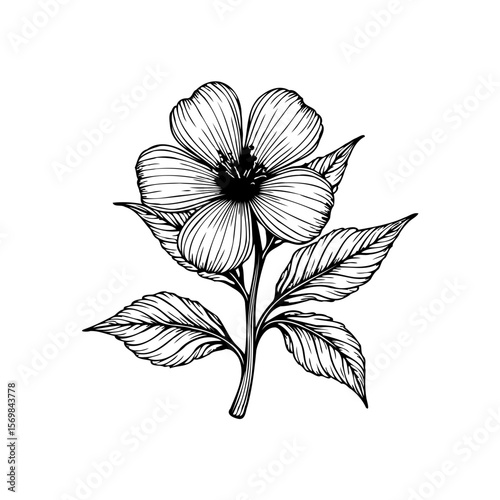 Elegant hand drawn botanical illustration of a flowering plant showcasing detailed line art and delicate leaves