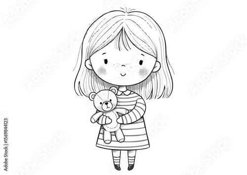 Sweet girl illustration holding a teddy bear in a simple line drawing style copy space
