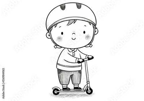 Happy boy illustration riding a scooter and wearing a helmet in a simple line drawing style copy space