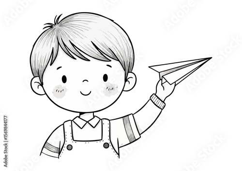Joyful boy illustration flying a paper airplane in a simple line drawing style copy space