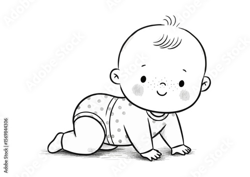 Crawling baby illustration with a joyful expression in a simple line drawing style copy space
