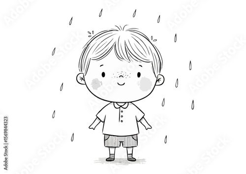 Cheerful boy illustration standing in the rain with a joyful expression in a simple line drawing style copy space