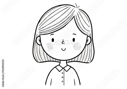 Delightful girl illustration with a cheerful smile in a simple line drawing style copy space
