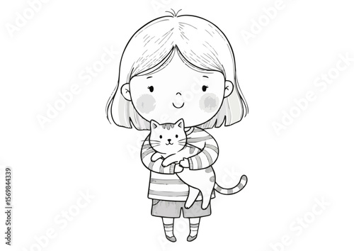 Adorable girl illustration holding a teddy bear in a simple line drawing style copy space