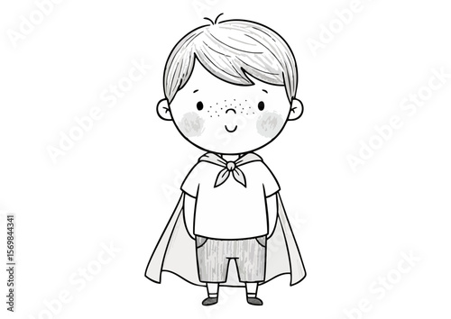 Playful boy illustration dressed as a superhero with a cape in a simple line drawing style copy space
