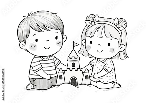 Happy children illustration building a sandcastle together in a simple line drawing style copy space