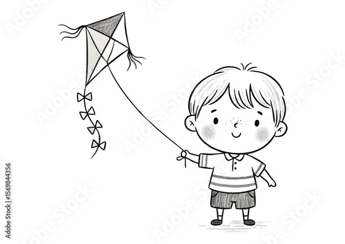 Joyful boy illustration flying a kite in a simple line drawing style copy space