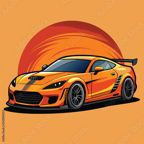 Bright Orange Sports Car with Black Racing Stripes – Stylized Vector Illustration with Sunset Backdrop


