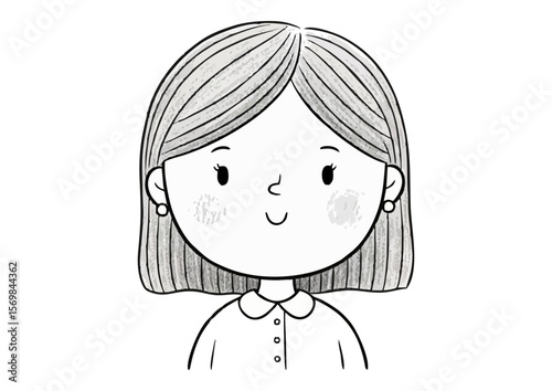 Sweet girl illustration with a joyful expression in a simple line drawing style copy space